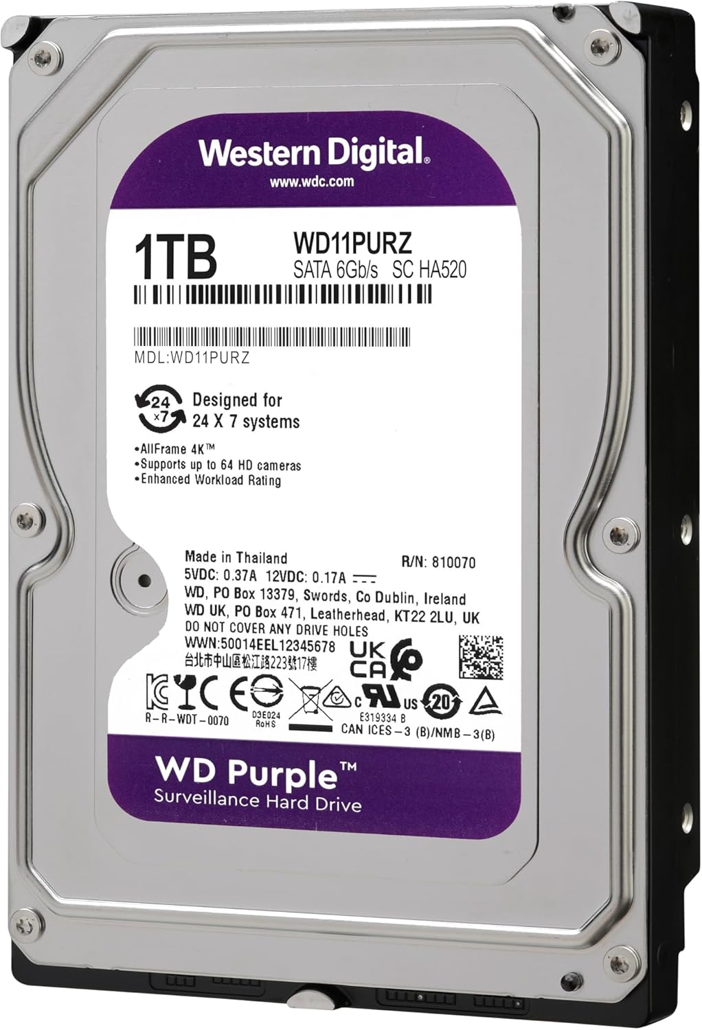 DISQUE DUR HDD NVR INTERNE WESTERN DIGITAL 1TB/ WD PURPLE SECURITE NVR